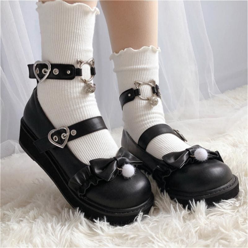 Bow Love Heart Buckle Kitty Mary Janes Shoes MK15239 - KawaiiMoriStore