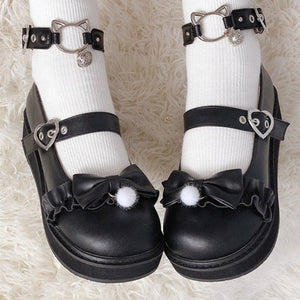 Bow Love Heart Buckle Kitty Mary Janes Shoes MK15239 - KawaiiMoriStore
