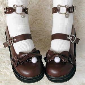 Bow Love Heart Buckle Kitty Mary Janes Shoes MK15239 - KawaiiMoriStore