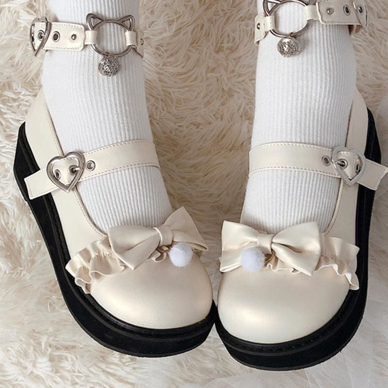 Bow Love Heart Buckle Kitty Mary Janes Shoes MK15239 - KawaiiMoriStore