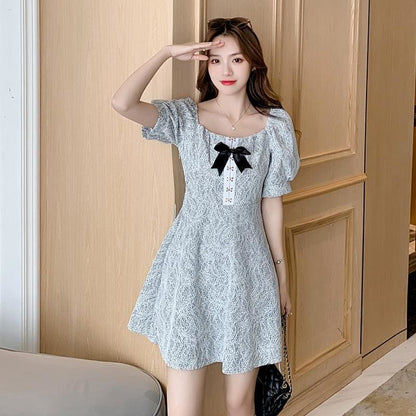 Bow Square Neck Puff Sleeve Mini Dress