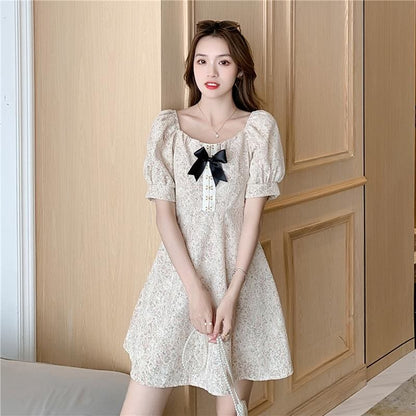 Bow Square Neck Puff Sleeve Mini Dress