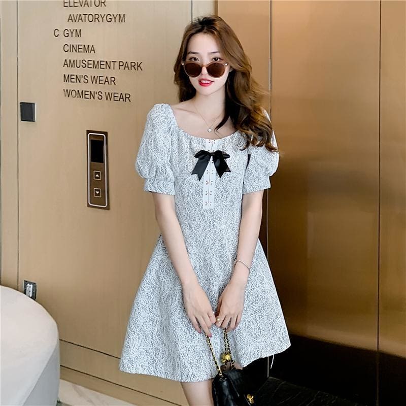 Bow Square Neck Puff Sleeve Mini Dress