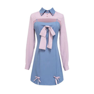 Bow Stitching Split Fake Two-Piece Dress MK15732 - KawaiiMoriStore