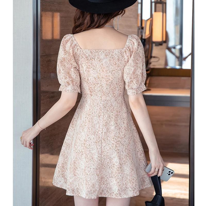 Bowknot Floral Square Neck Mini Dress