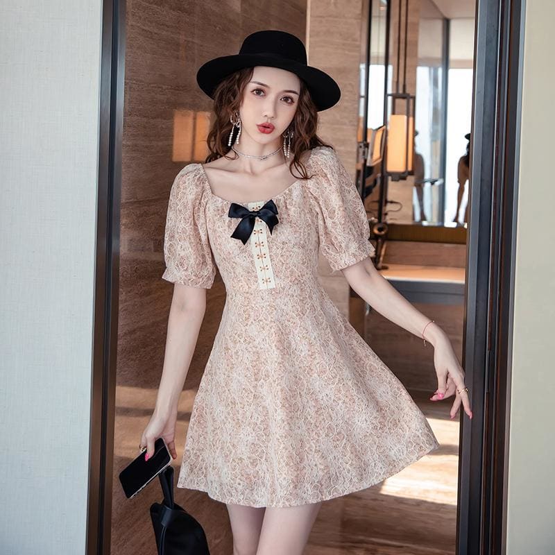 Bowknot Floral Square Neck Mini Dress