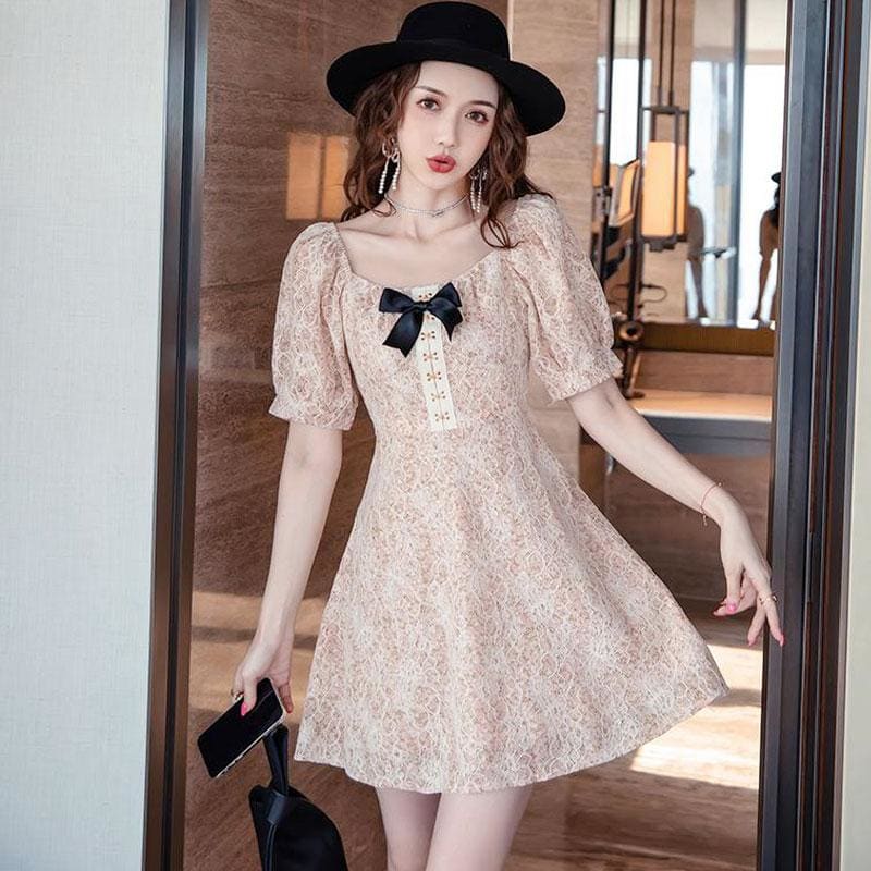 Bowknot Floral Square Neck Mini Dress