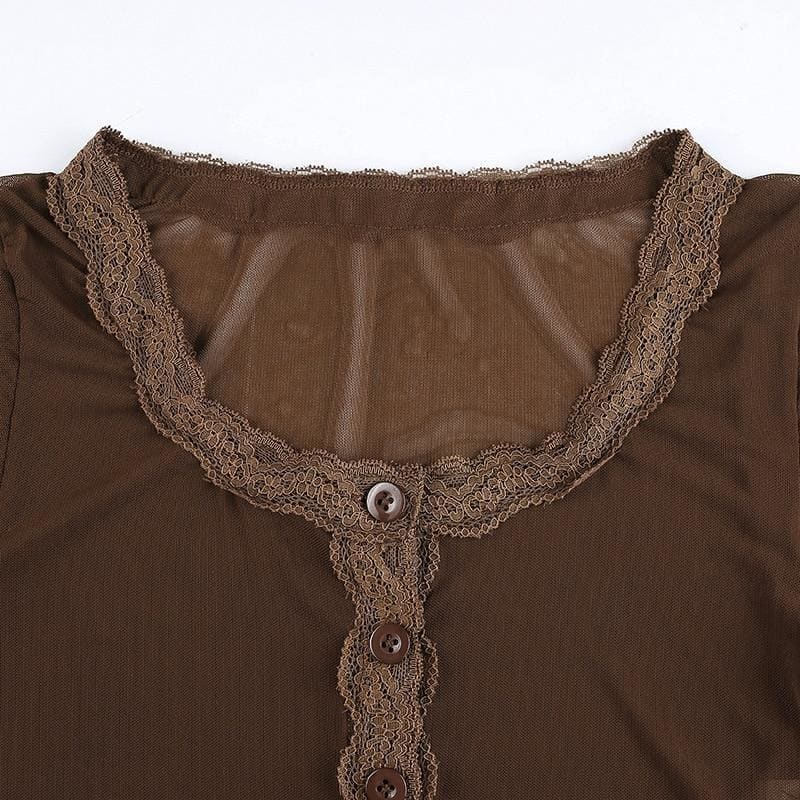 Brown Vintage Mesh Lace V Neck Long Sleeve T-shirts MM1121 - KawaiiMoriStore