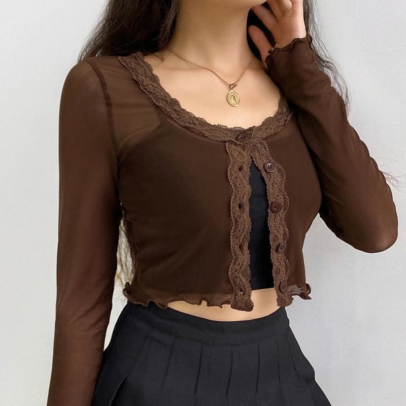 Brown Vintage Mesh Lace V Neck Long Sleeve T-shirts MM1121 - KawaiiMoriStore