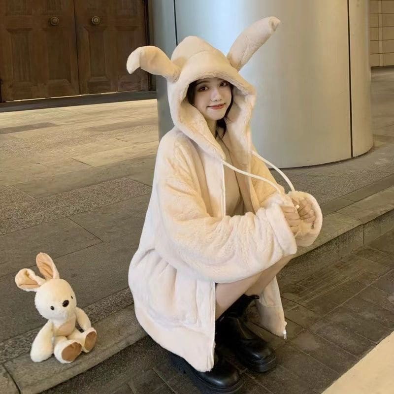 Bunny Rabbit Ear Fluffy Warm Coat - coat