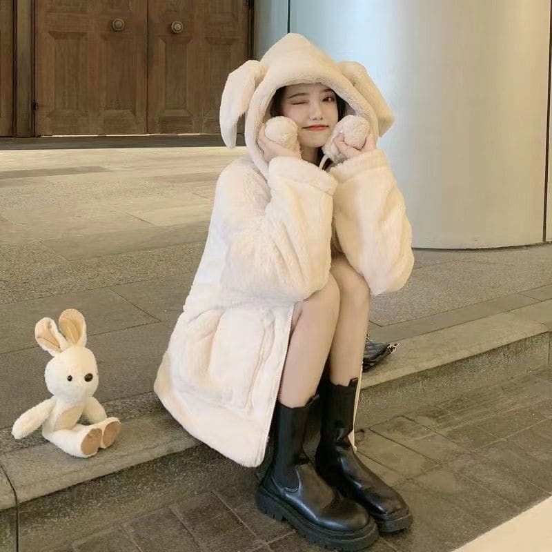 Bunny Rabbit Ear Fluffy Warm Coat - White ears movable /