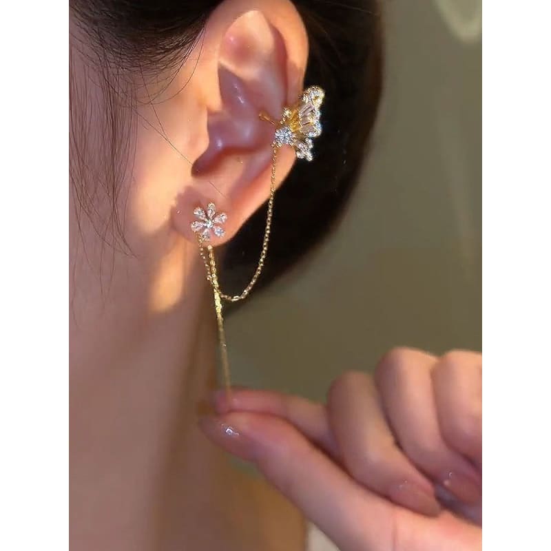 Butterfly flower ear clip ear line one-piece tassel earrings
