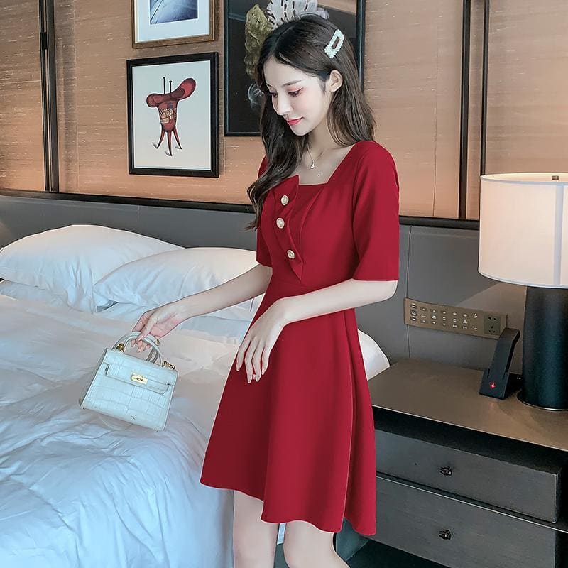 Buttoned Square Neck Midi Dress