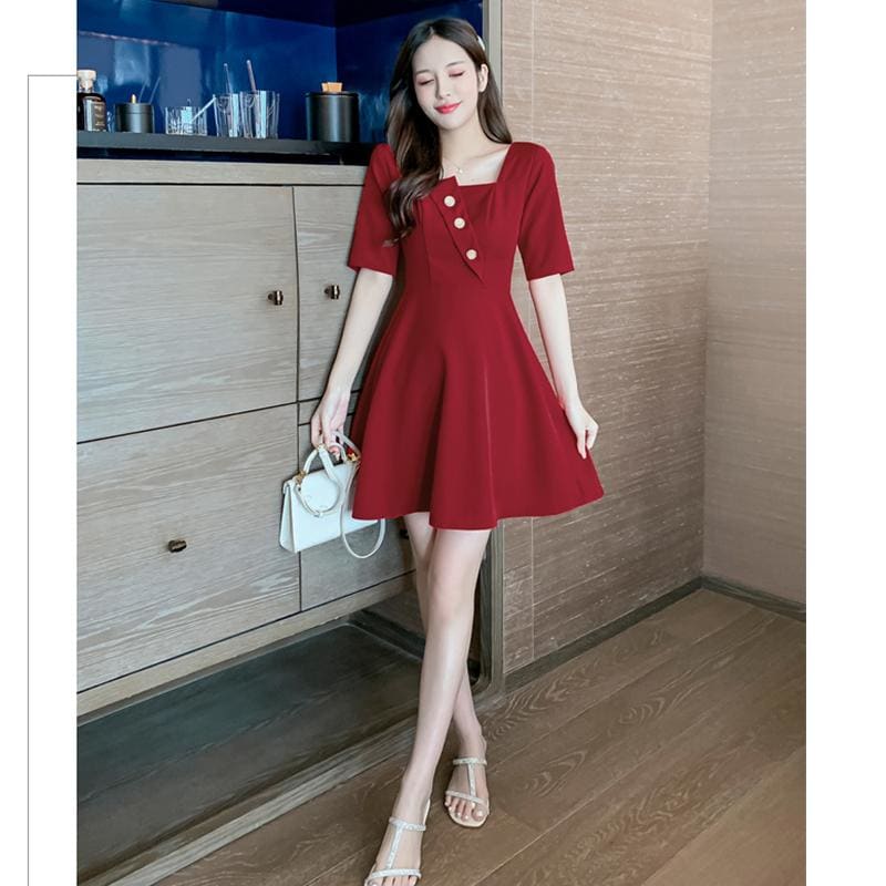 Buttoned Square Neck Midi Dress