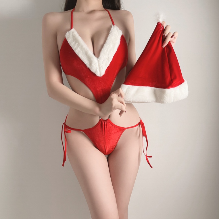 Cute Christmas Lingerie O Ring Fluffy Set with Hat MK16888