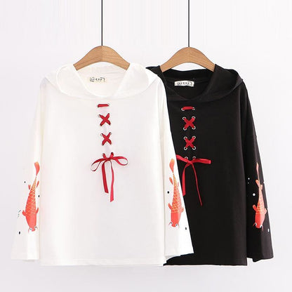 Cartoon Fish Print Lace Up  Flare Sleeve Hooded Pullover MK15123 - KawaiiMoriStore