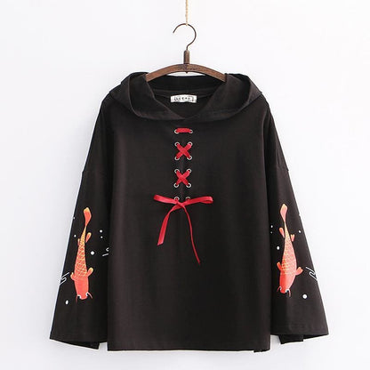 Cartoon Fish Print Lace Up  Flare Sleeve Hooded Pullover MK15123 - KawaiiMoriStore