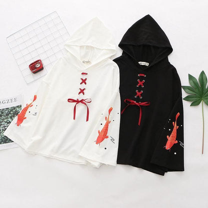 Cartoon Fish Print Lace Up  Flare Sleeve Hooded Pullover MK15123 - KawaiiMoriStore