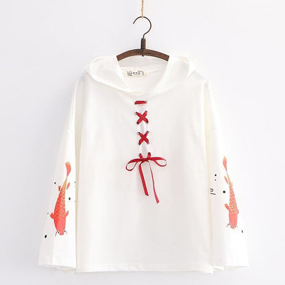 Cartoon Fish Print Lace Up  Flare Sleeve Hooded Pullover MK15123 - KawaiiMoriStore