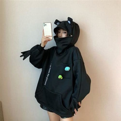 Cartoon Letter print Can Sealed Big Pocket Zip Frog Hoodie Jumper MK15427 - KawaiiMoriStore