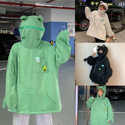 Cartoon Letter print Can Sealed Big Pocket Zip Frog Hoodie Jumper MK15427 - KawaiiMoriStore