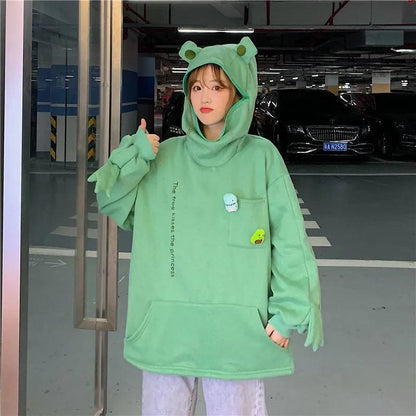 Cartoon Letter print Can Sealed Big Pocket Zip Frog Hoodie Jumper MK15427 - KawaiiMoriStore