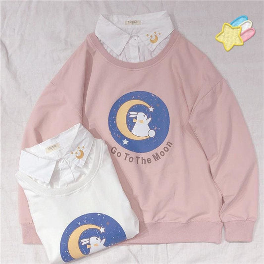 Cartoon Rabbit Moon Print Long Sleeve Top MK15407 - KawaiiMoriStore