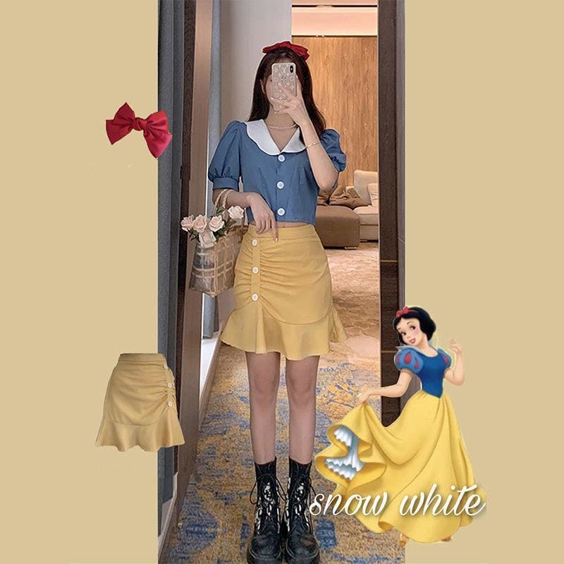 Cartoon Snow White Short-sleeved Top+Fishtail Skirt Two Piece Set MK15160 - KawaiiMoriStore