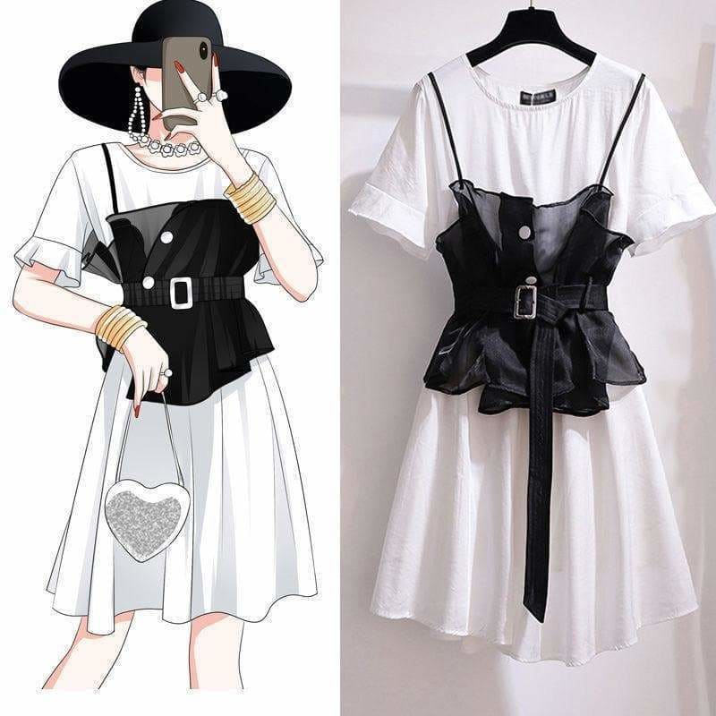 Casual Chic Asian Fashion White Dress Black Vest MK16128 - 