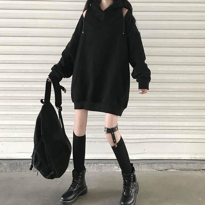 Casual Comfy Black Harajuku Gothic Zipper Off The Shoulder Oversized Hoodie MK15945 - KawaiiMoriStore