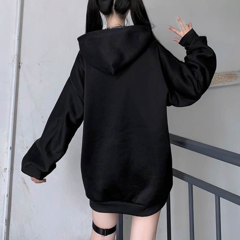 Casual Comfy Black Harajuku Gothic Zipper Off The Shoulder Oversized Hoodie MK15945 - KawaiiMoriStore