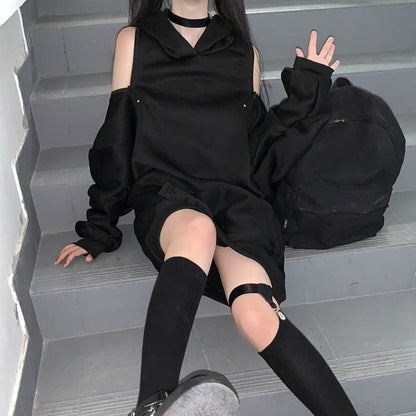 Casual Comfy Black Harajuku Gothic Zipper Off The Shoulder Oversized Hoodie MK15945 - KawaiiMoriStore