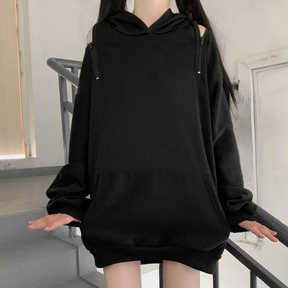 Casual Comfy Black Harajuku Gothic Zipper Off The Shoulder Oversized Hoodie MK15945 - KawaiiMoriStore