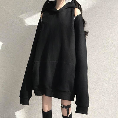 Casual Comfy Black Harajuku Gothic Zipper Off The Shoulder Oversized Hoodie MK15945 - KawaiiMoriStore