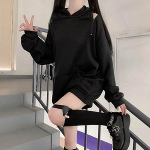 Casual Comfy Black Harajuku Gothic Zipper Off The Shoulder Oversized Hoodie MK15945 - KawaiiMoriStore