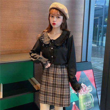 Casual Lolita Long Sleeve Shirt with Lace Peter Pan Collar