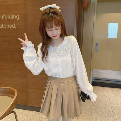 Casual Lolita Long Sleeve Shirt with Lace Peter Pan Collar