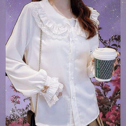 Casual Lolita Long Sleeve Shirt with Lace Peter Pan Collar