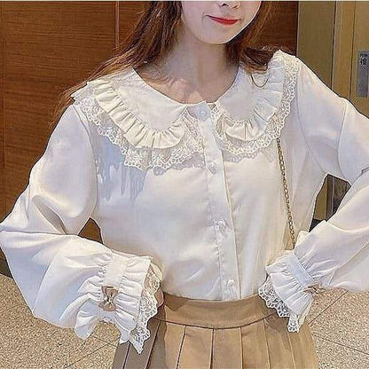 Casual Lolita Long Sleeve Shirt with Lace Peter Pan Collar