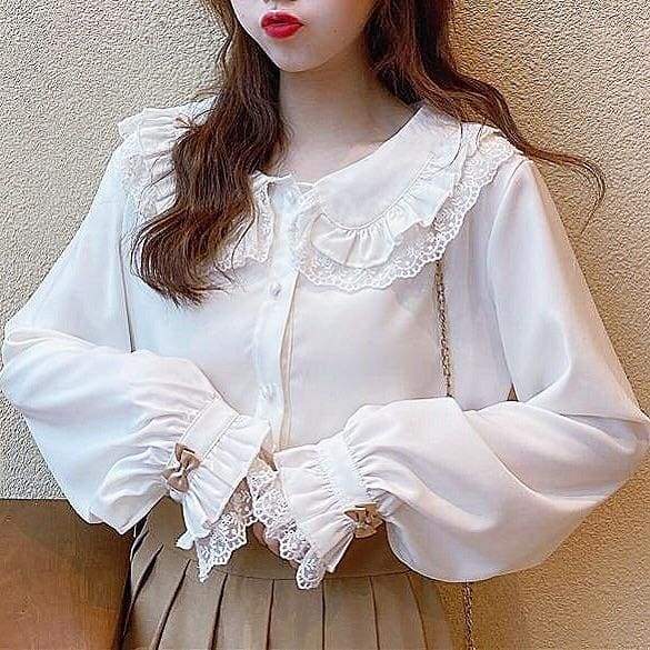 Casual Lolita Long Sleeve Shirt with Lace Peter Pan Collar