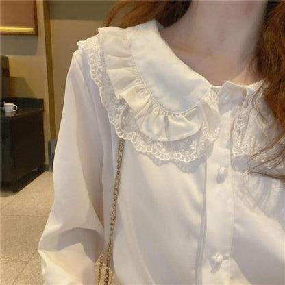 Casual Lolita Long Sleeve Shirt with Lace Peter Pan Collar