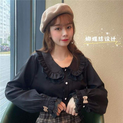 Casual Lolita Long Sleeve Shirt with Lace Peter Pan Collar