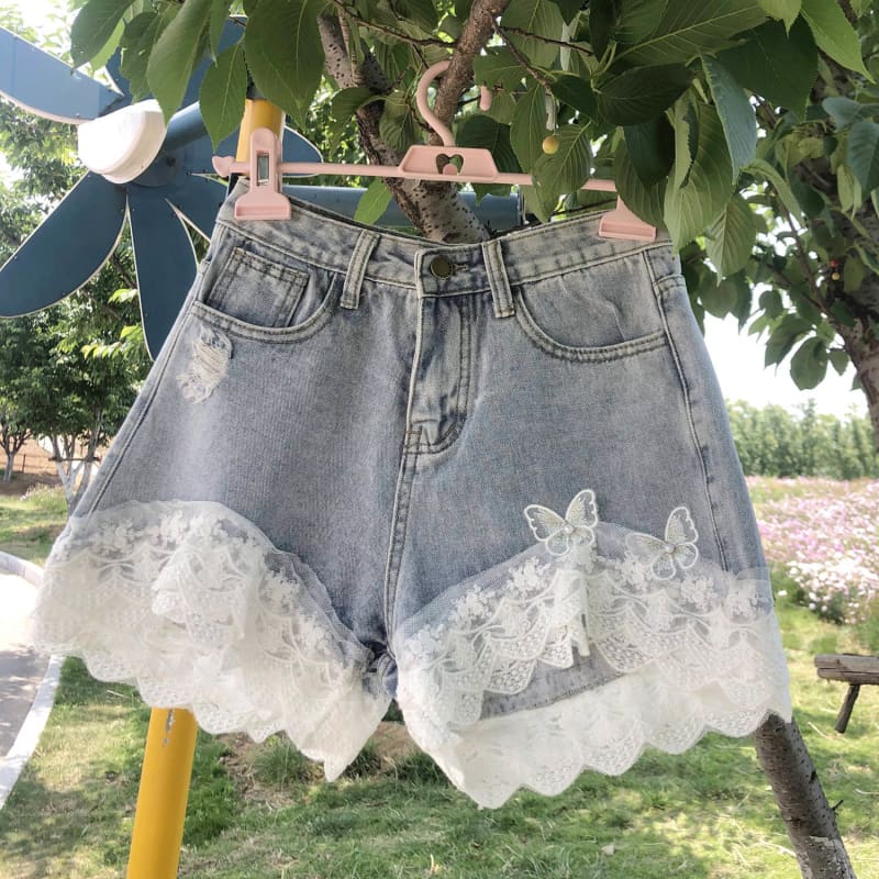 Chic Bow Lace High Waisted Jean Shorts MK15089 - KawaiiMoriStore