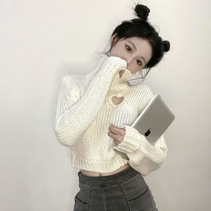 Chic Heart-shaped Hollow Out Sexy Girl Long Sleeve Turtleneck Crop Sweaters MK15559 - KawaiiMoriStore