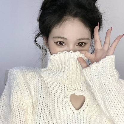 Chic Heart-shaped Hollow Out Sexy Girl Long Sleeve Turtleneck Crop Sweaters MK15559 - KawaiiMoriStore