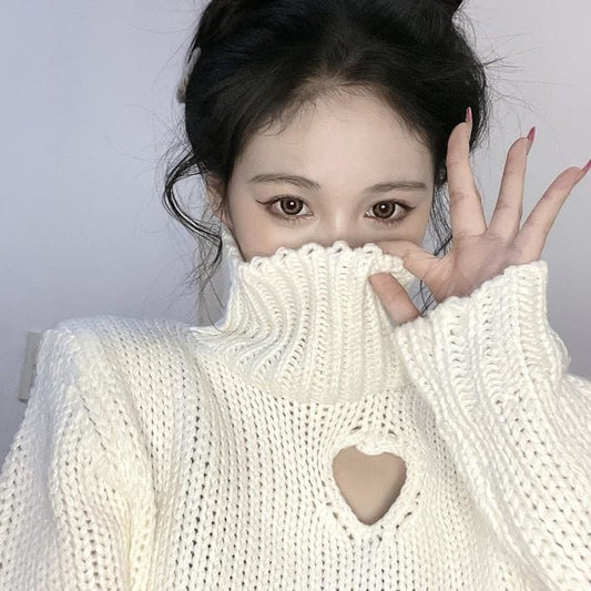 Chic Heart-shaped Hollow Out Sexy Girl Long Sleeve Turtleneck Crop Sweaters MK15559 - KawaiiMoriStore