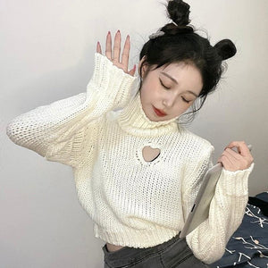 Chic Heart-shaped Hollow Out Sexy Girl Long Sleeve Turtleneck Crop Sweaters MK15559 - KawaiiMoriStore