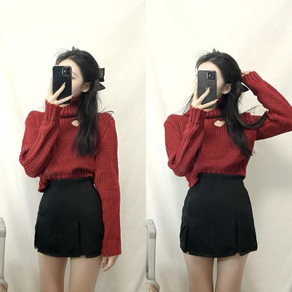 Chic Heart-shaped Hollow Out Sexy Girl Long Sleeve Turtleneck Crop Sweaters MK15559 - KawaiiMoriStore