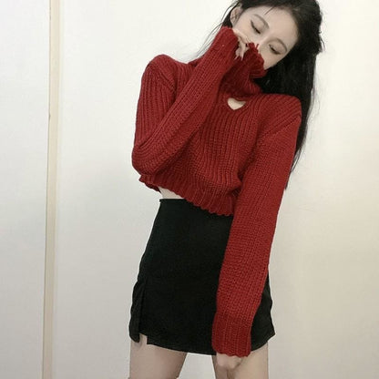 Chic Heart-shaped Hollow Out Sexy Girl Long Sleeve Turtleneck Crop Sweaters MK15559 - KawaiiMoriStore