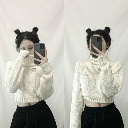 Chic Heart-shaped Hollow Out Sexy Girl Long Sleeve Turtleneck Crop Sweaters MK15559 - KawaiiMoriStore